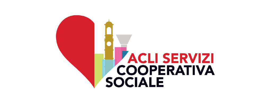Il logo ACLI ha un cuore rosso a sinistra e un campanile giallo su sfondo bianco a destra. A fianco c’è “ACLI SERVIZI” in rosso e sotto “COOPERATIVA SOCIALE” in nero, su sfondo bianco.