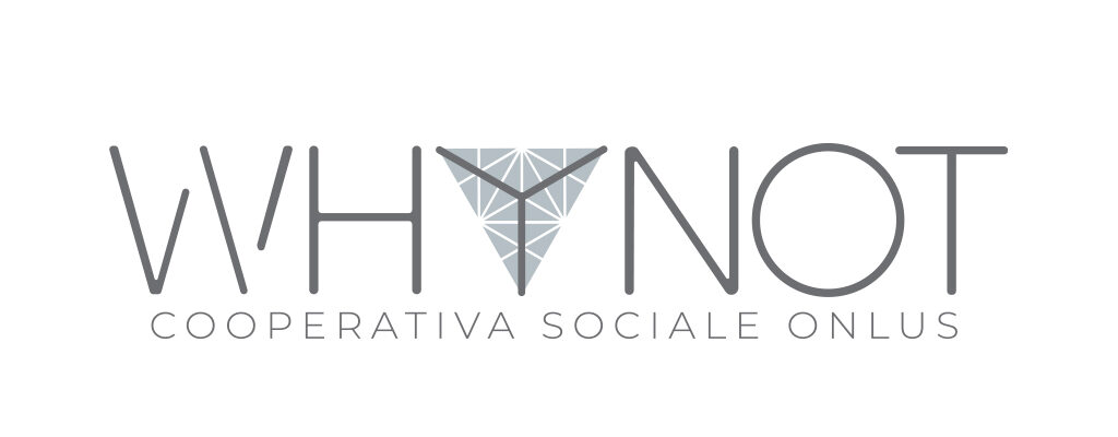 Il logo della cooperativa Why Not ha la scritta grigia “WHY NOT COOPERATIVA SOCIALE ONLUS” al centro. La Y è a forma di tetraedro. Lo sfondo del logo è bianco.